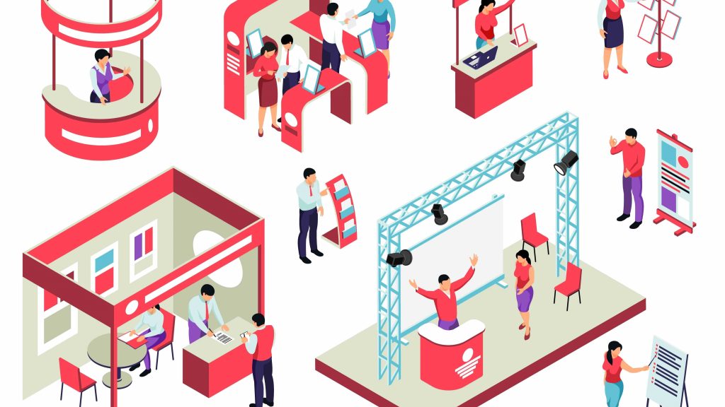 Verschillende typen beursstands met mensen in interactie op een vakbeurs, gericht op merkpresentatie en klantcontact.