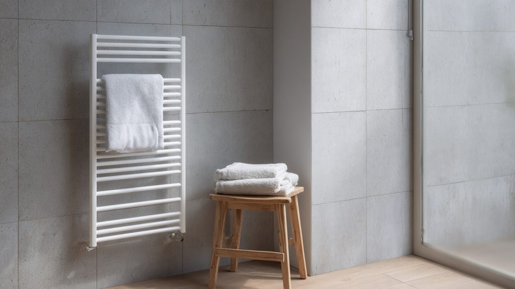 Witte handdoekradiator met een opgehangen handdoek naast een houten krukje met gevouwen handdoeken in een betegelde badkamer