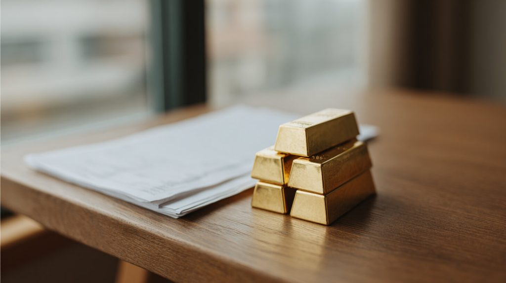 Gestapelde goudstaven naast een financieel document op tafel, voorafgaand aan het verkopen van goud