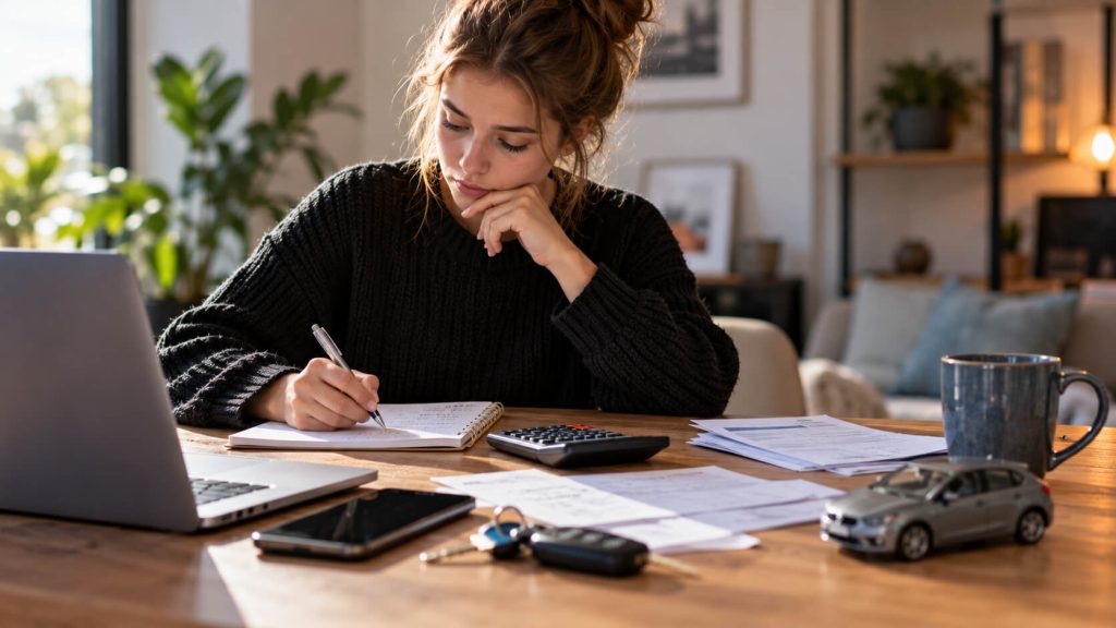 Jonge vrouw rekent aan tafel de autokosten uit met notitieblok, rekenmachine, sleutels en een model-auto