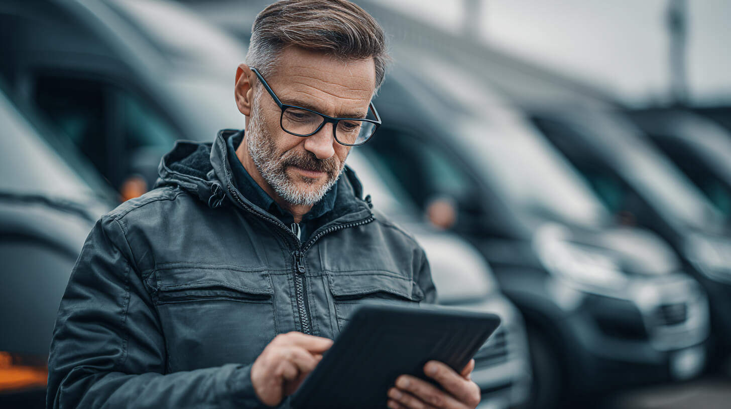 Wagenparkbeheerder analyseert wagenparkkosten tussen bedrijfsvoertuigen op een parkeerterrein.