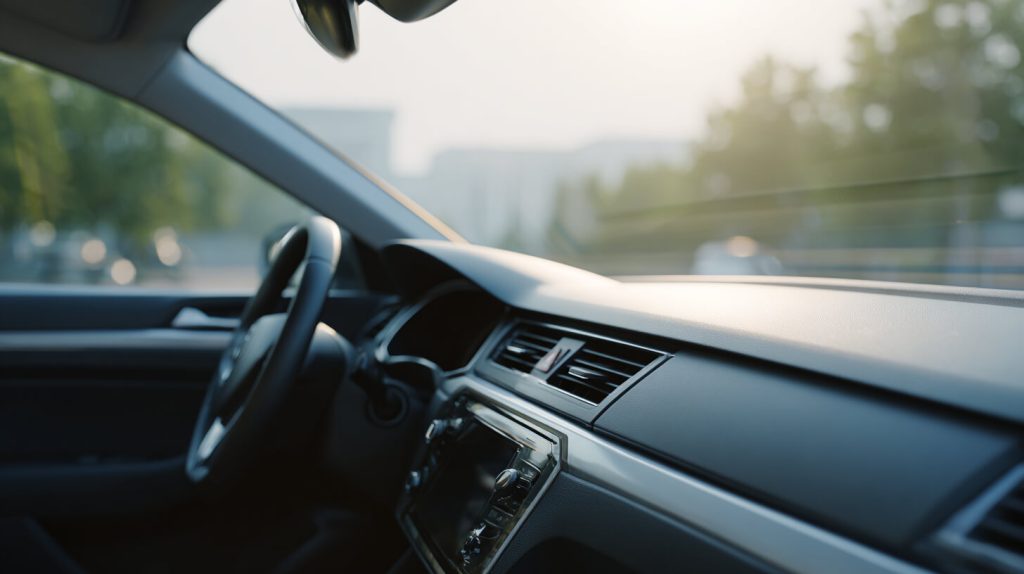 Close-up van het dashboard en stuur in een auto, met zacht ochtendlicht dat door de voorruit naar binnen valt tijdens zakelijk gebruik