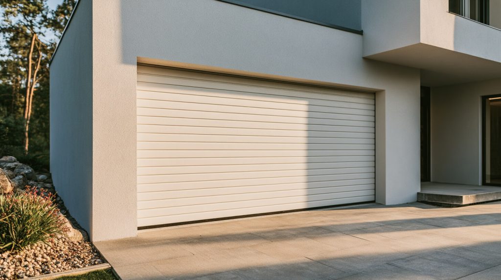 Moderne gehorizontaliseerde garagedeur in warme zonlicht aan een strak wit vrijstaand huis met natuurstenen border