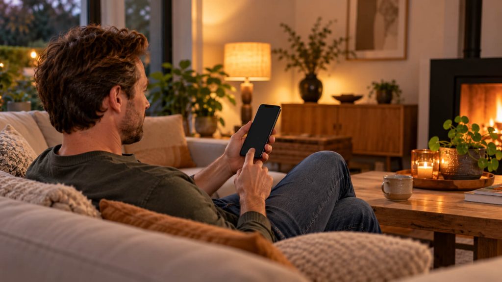 Man zit ontspannen op een bank in een gezellig verlichte woonkamer en bekijkt zijn mobiele telefoon