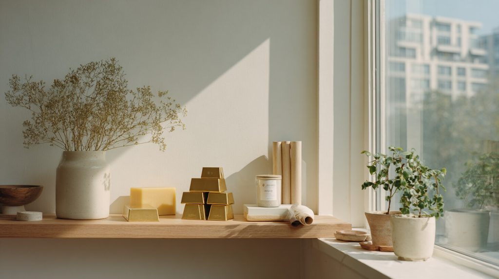 Gouden staven en persoonlijke bezittingen uitgestald op een houten plank bij het raam
