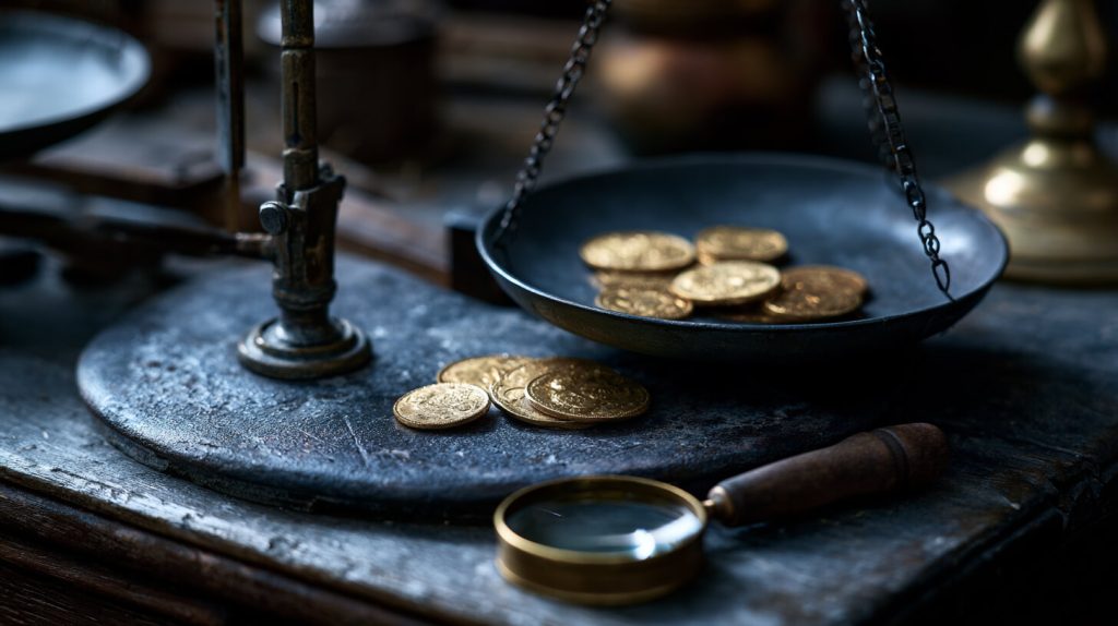 Gouden munten worden gewogen op een antieke balans met loep ernaast