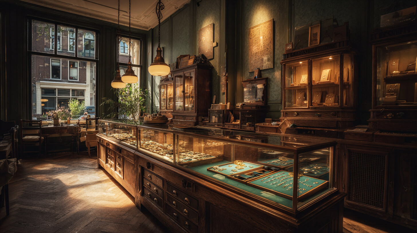 Klassiek Amsterdams goudkantoor met vitrinekasten vol sieraden en munten in warm sfeerlicht