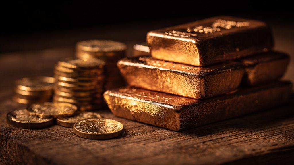 Gestapelde goudstaven en gouden munten op een houten ondergrond, symbool voor fysiek goud kopen