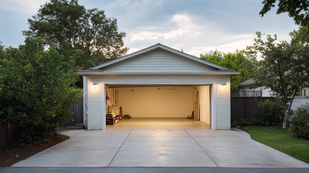 Verbouwde tweepersoonsgarage met witte bakstenen gevel en verlichte oprit in de avondschemering