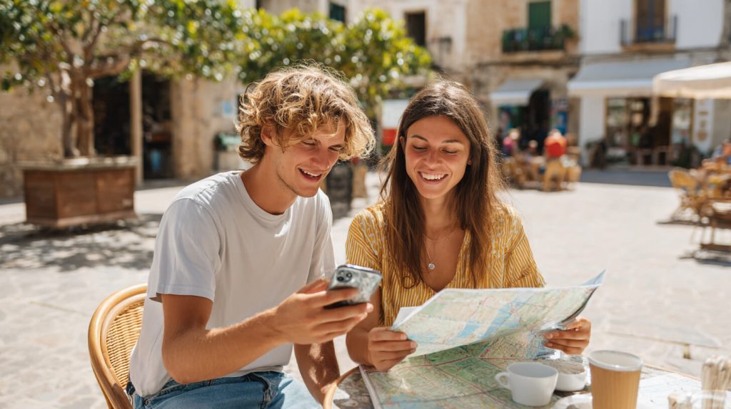 Stel bekijkt samen een routekaart en de telefoon op een terras tijdens het plannen van hun reisbudget