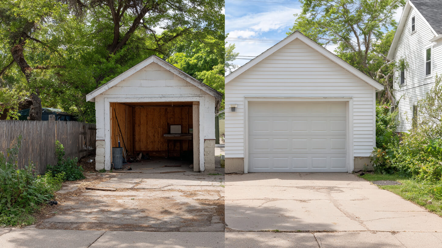 Vervallen houten garage met versleten oprit naast dezelfde garage na verbouwing met nieuwe voordeur en gevelbekleding