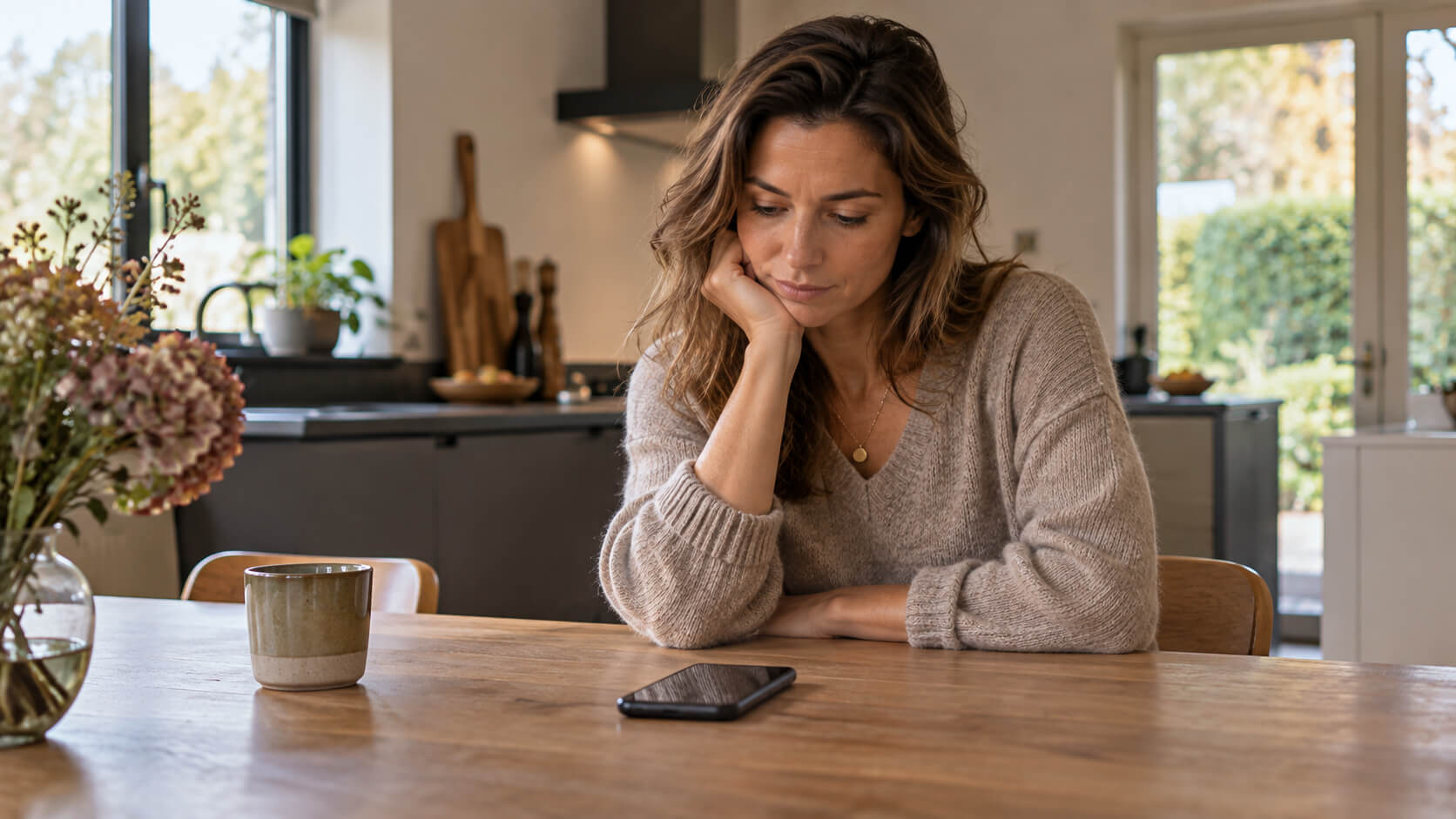 Vrouw zit peinzend aan een houten keukentafel met haar hoofd op haar hand en kijkt naar een smartphone op tafel