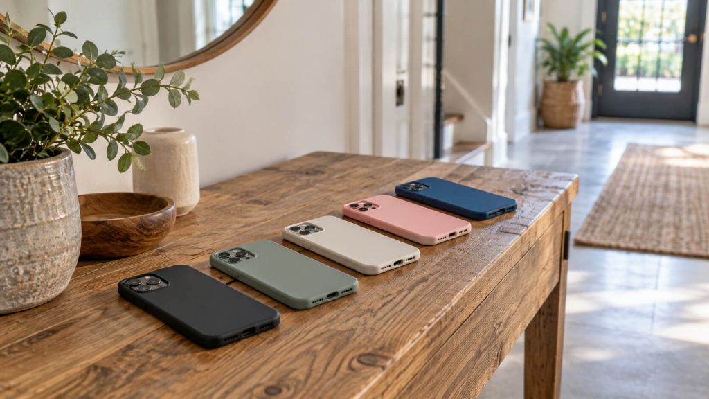 Vijf mobiele telefoons met gekleurde hoesjes liggen op een rij op een houten tafel in een lichte hal