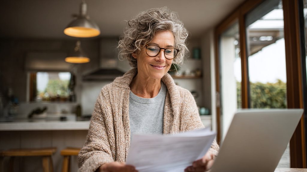 Vrouw bekijkt thuis documenten op papier terwijl een laptop openstaat op tafel