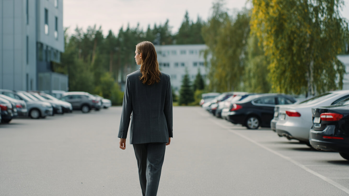 Vrouw in pak loopt over een bedrijfsparkeerplaats langs geparkeerde auto's van het wagenpark