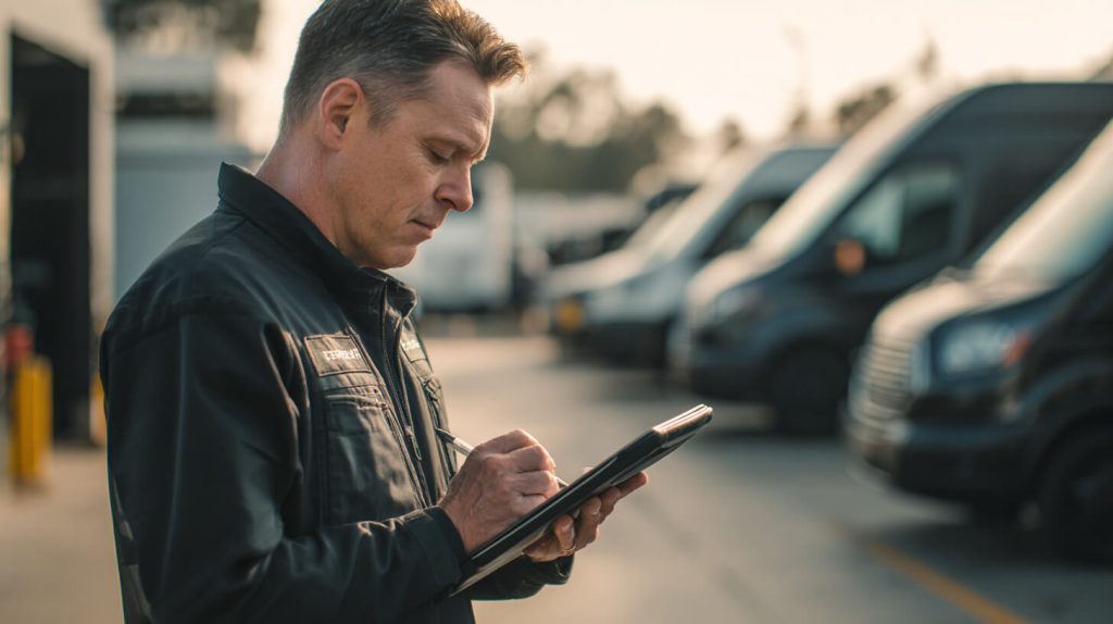 Medewerker controleert voertuigen om wagenparkkosten en onderhoud efficiënt te beheren.