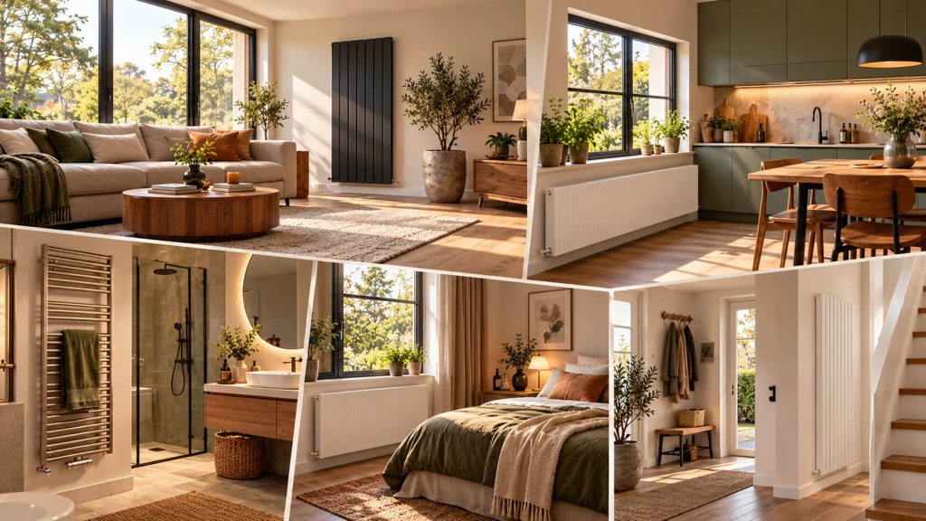 Collage van vijf woonruimtes met verschillende designradiatoren, van woonkamer en keuken tot badkamer, slaapkamer en hal