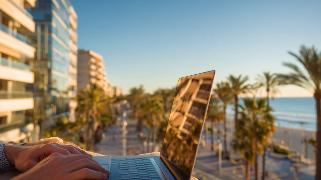 Online onderzoek naar Spaans vastgoed met uitzicht op een toeristische kustlocatie.