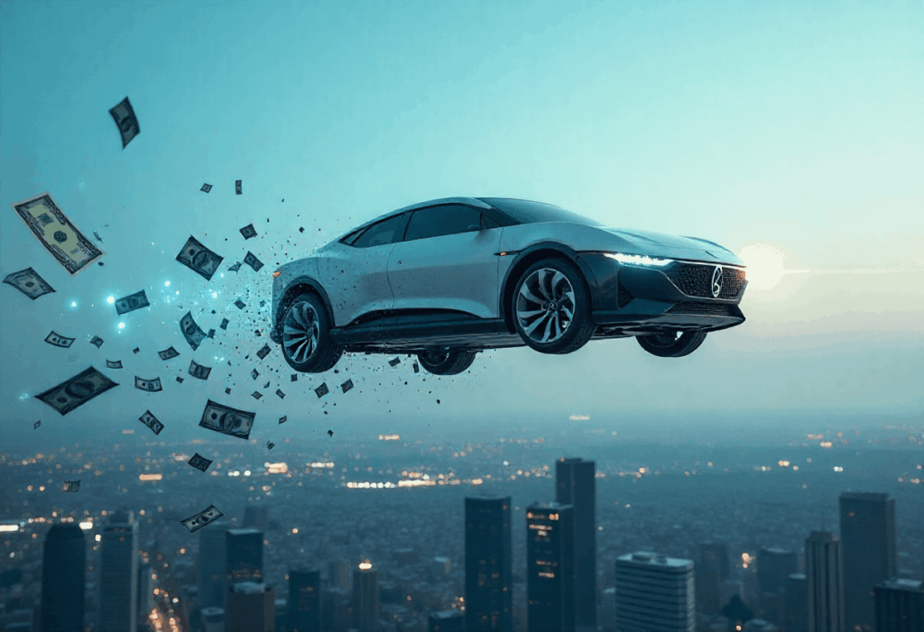 een auto over de stad vliegt waar geld achter uitkomt