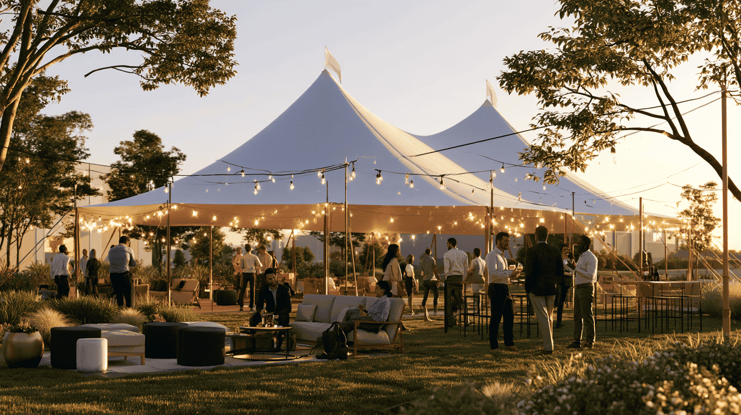 Bedrijfsborrel onder een partytent op eigen bedrijfsterrein