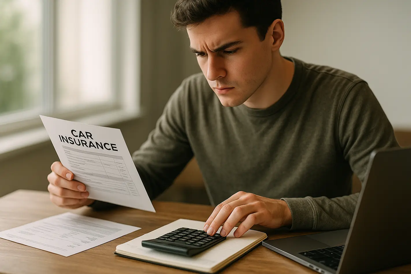 Jonge volwassene berekent kosten eerste auto met calculator en documenten