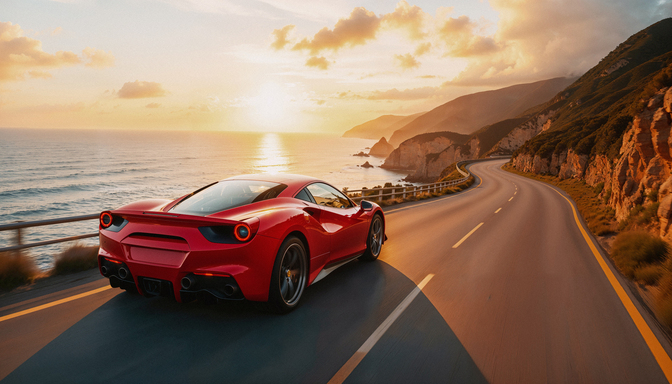Rode sportauto rijdt over een kustweg langs zee tijdens zonsondergang.