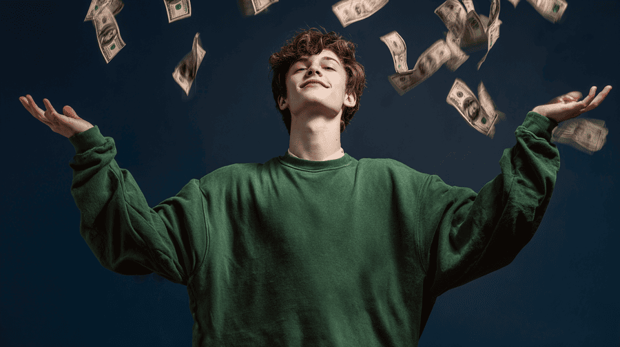 man met vallend geld