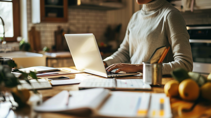 Persoon regelt thuis de administratie voor een naamswijziging op een laptop.