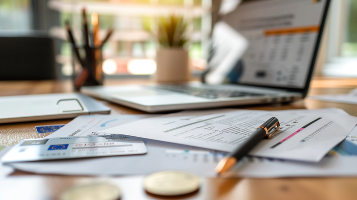 Financiële administratie met documenten, laptop en identiteitsbewijs voor een naamswijziging.