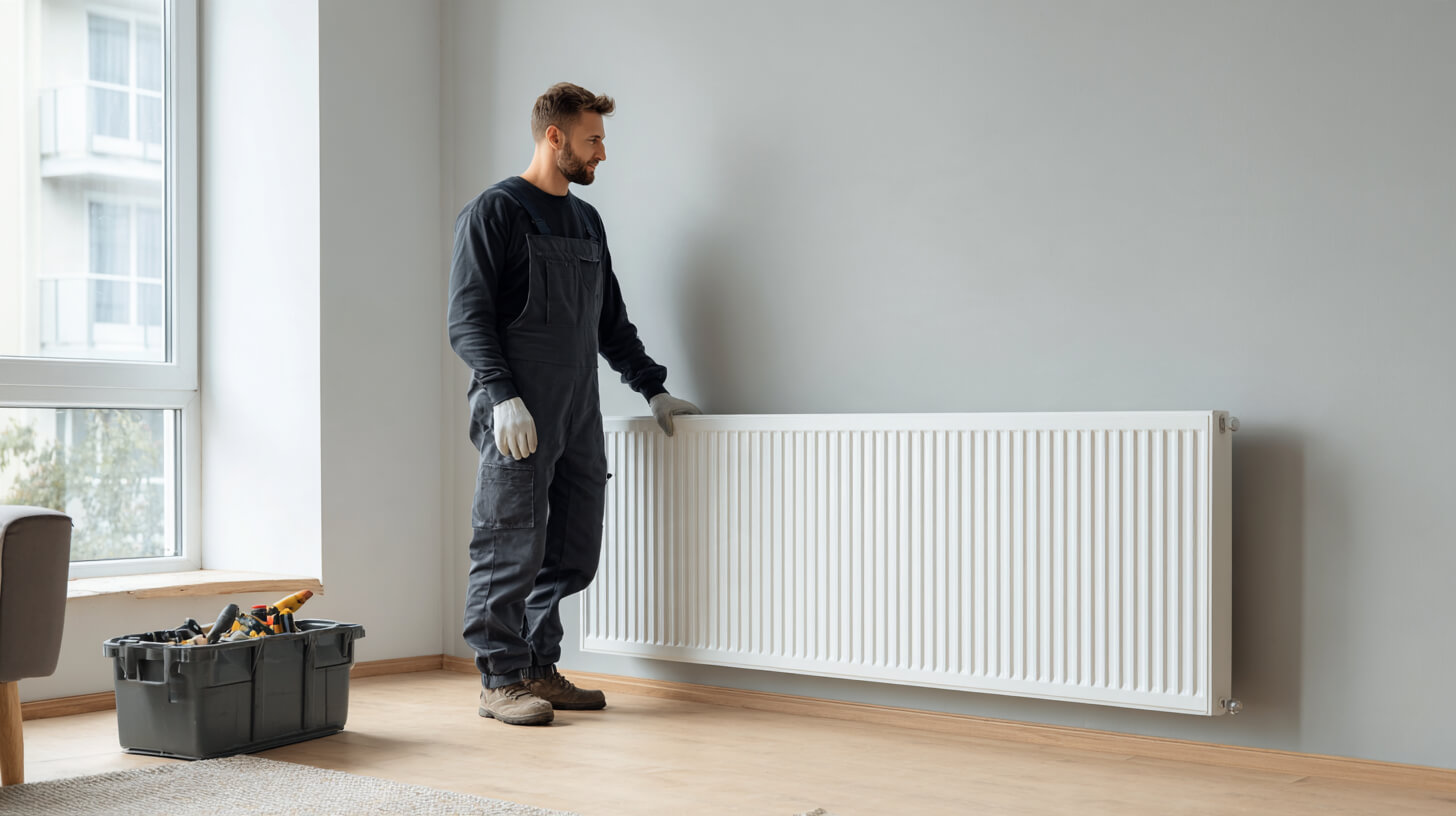 Installateur in werkkleding legt zijn hand op een witte paneelradiator aan een grijze muur naast een gereedschapskist