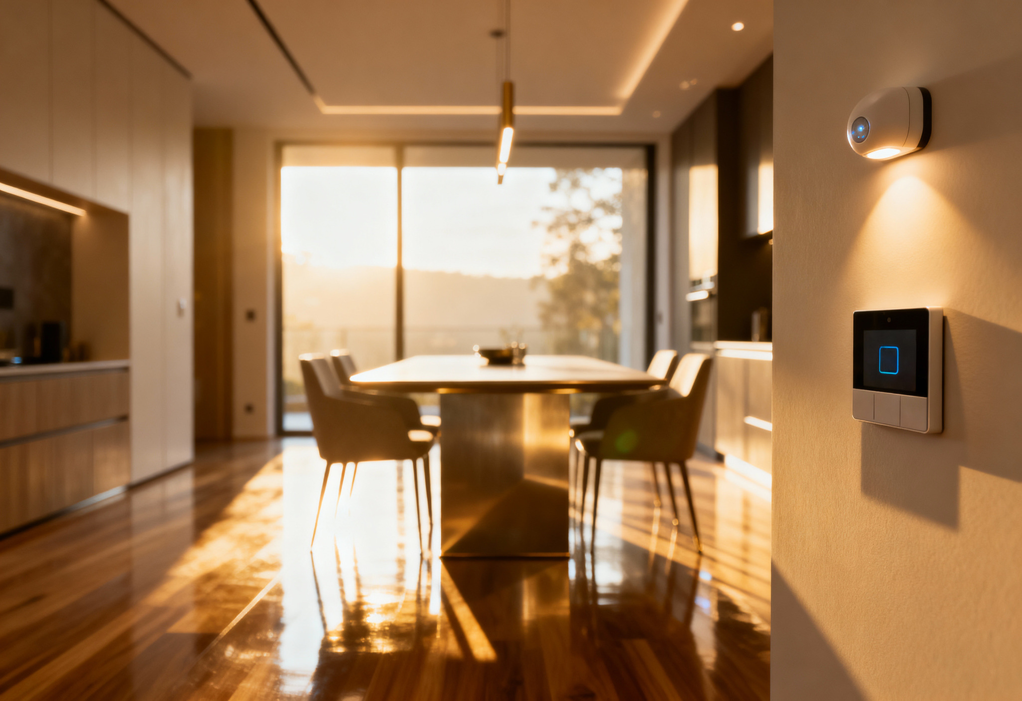 Smart home ventilatiebediening aan de muur in een moderne woonkamer.