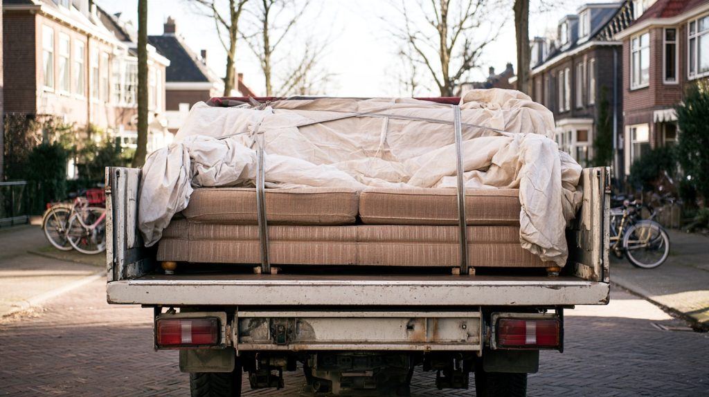 Auto met aanhanger vervoert een tweedehands bank