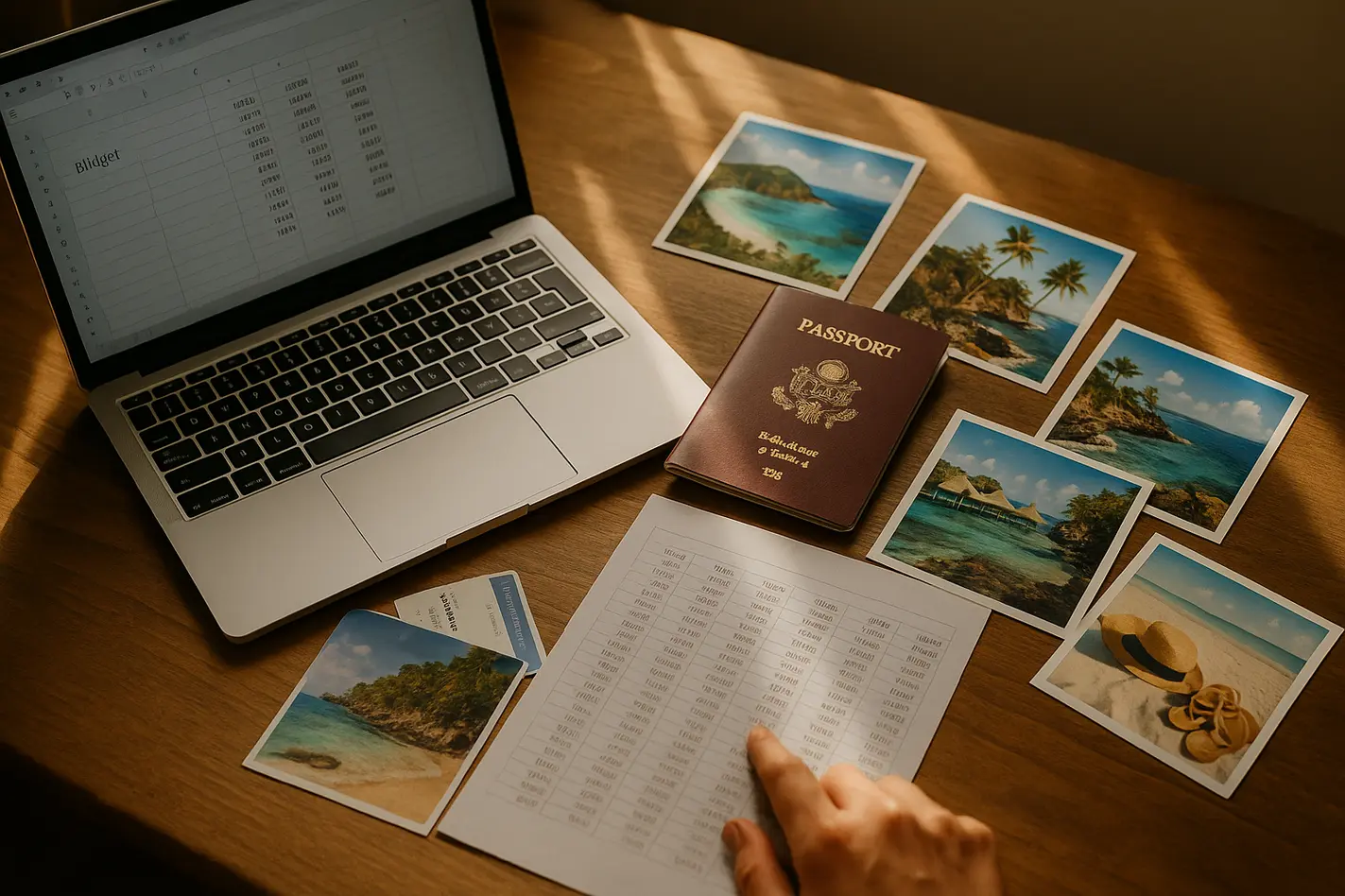 Vakantie-uitgaven jaarbudget planning met laptop, paspoort en reisfotos