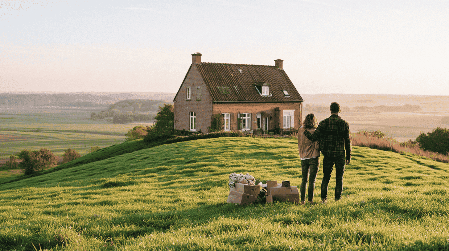 Stel met verhuisdozen voor een nieuw huis op een heuvel in Limburg
